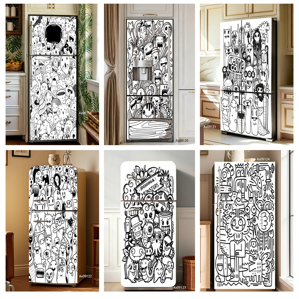 Full Cover Adhesive - Siyah-Beyaz Çizgi Sanatı Doodle Canavar Buzdolabı